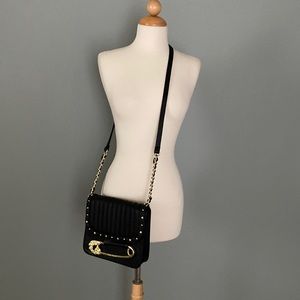 Betsy Johnson Crossbody Bag with Gold Rose Studs and Gold Safety Pin